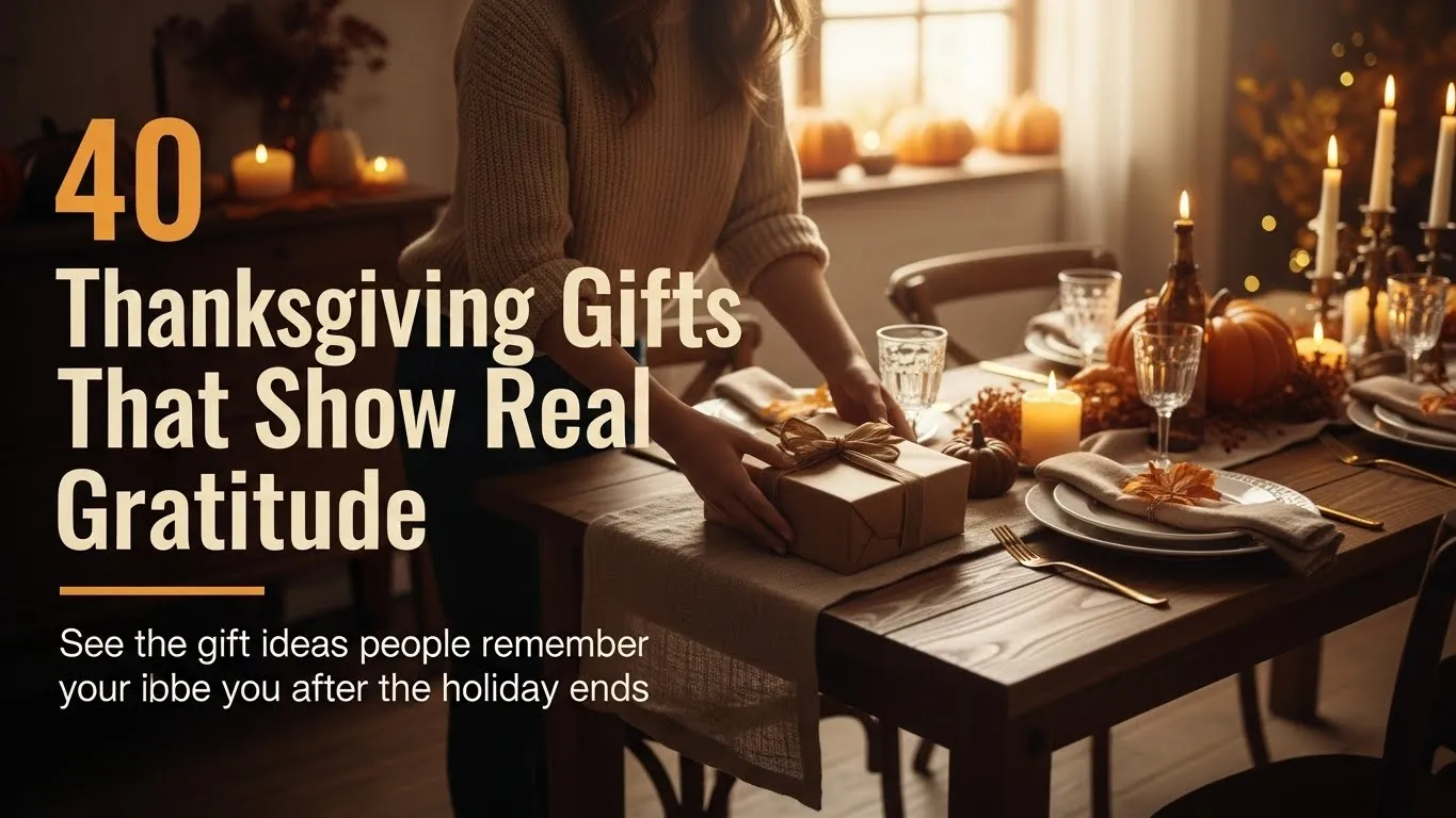 A woman sets a wrapped Thanksgiving gift on a decorated table with bold text reading “40 Thanksgiving Gifts That Show Real Gratitude” and a subtitle about gift ideas people remember.