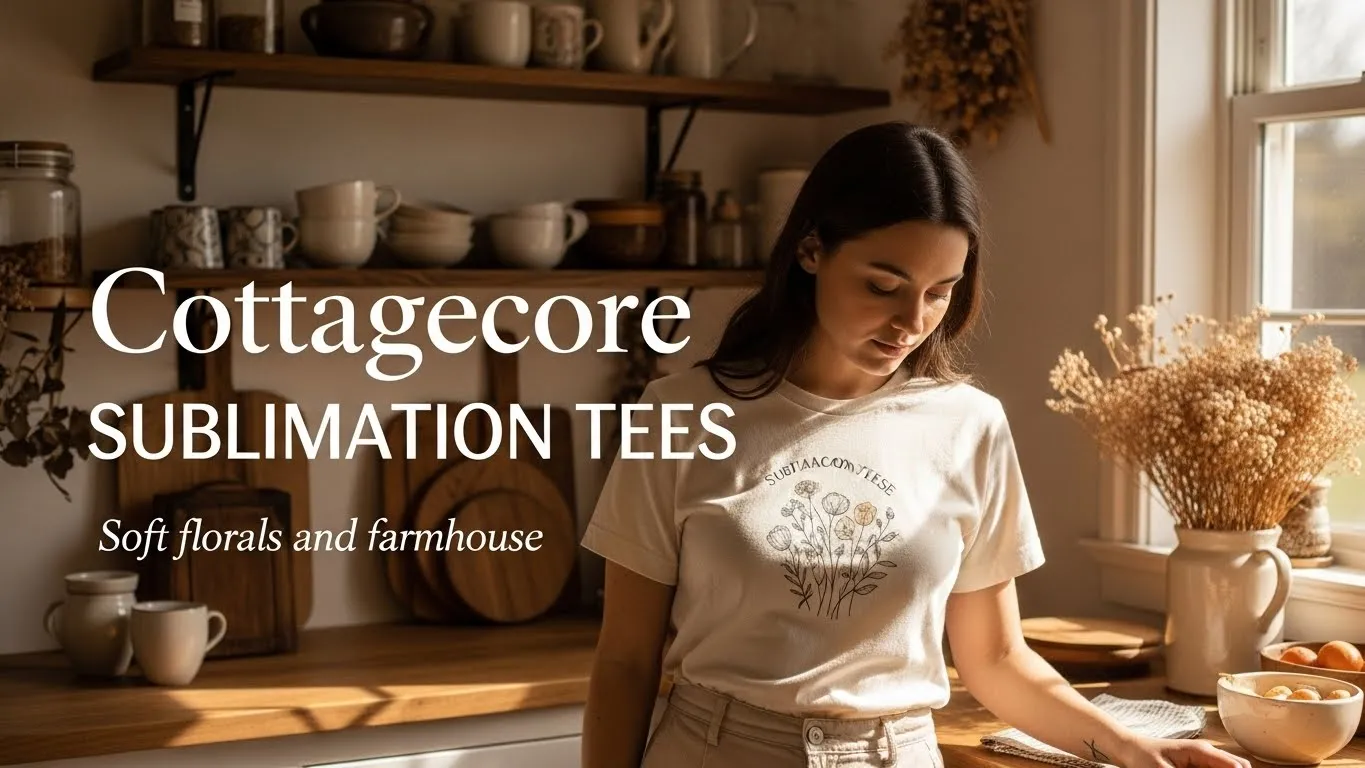 Woman wearing a cream cottagecore sublimation tee with a floral design in a rustic farmhouse kitchen, with the title “Cottagecore Sublimation Tees” visible on the image.
