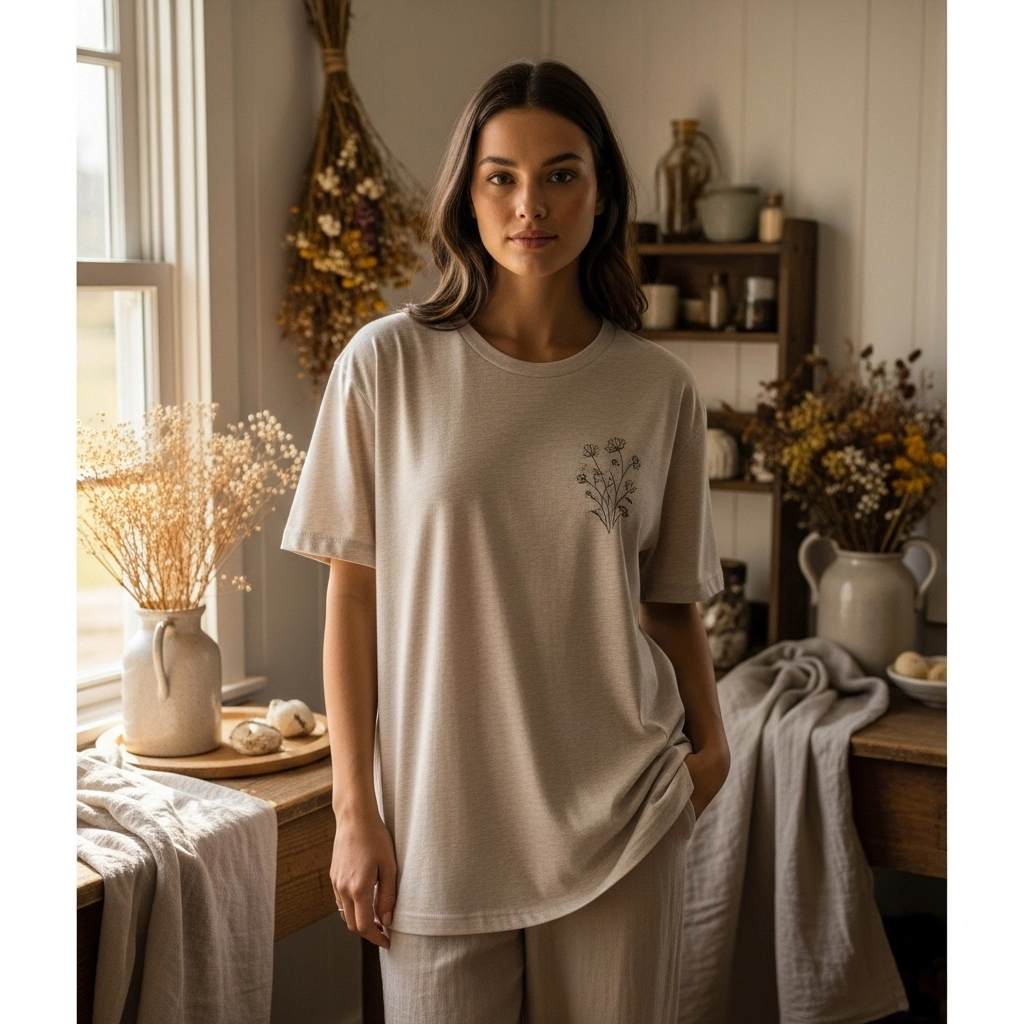 Young woman wearing a light-colored heathered cottagecore t-shirt with a soft floral sublimation design in a cozy farmhouse setting.
