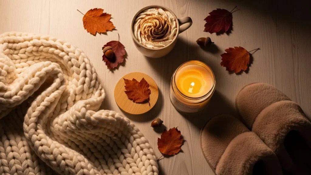 Cozy gift items like blankets, slippers, and a candle arranged together.