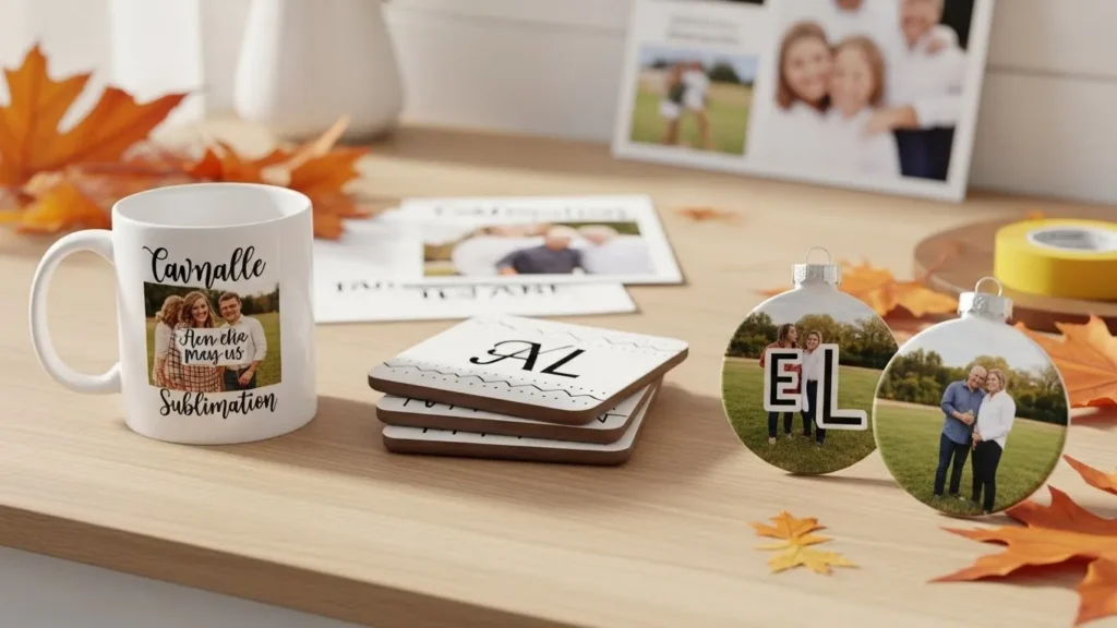 Custom sublimation mug, personalized coasters, and photo ornaments arranged on a warm craft table.