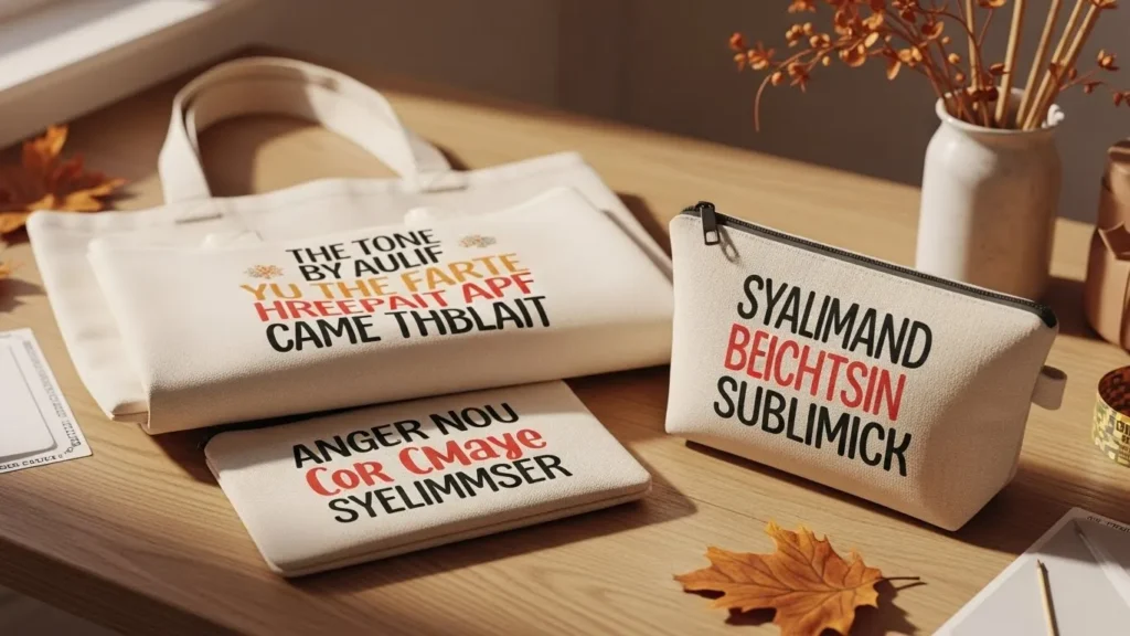Seasonal tote bag and personalized pouch displayed on a warm craft table.