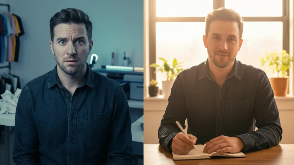 A person shown in a before and after emotional transformation, shifting from visible stress to calm focus in a balanced split scene.