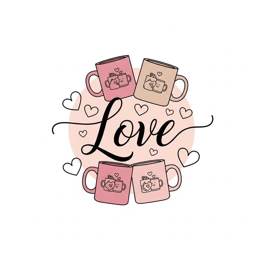 Romantic sublimation design with elegant script text and soft heart accents in pink and beige tones.