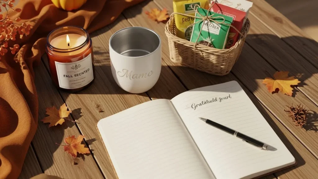 Flat lay of a fall candle, personalized mug, snack gift basket, and gratitude journal arranged on a warm wooden table.
