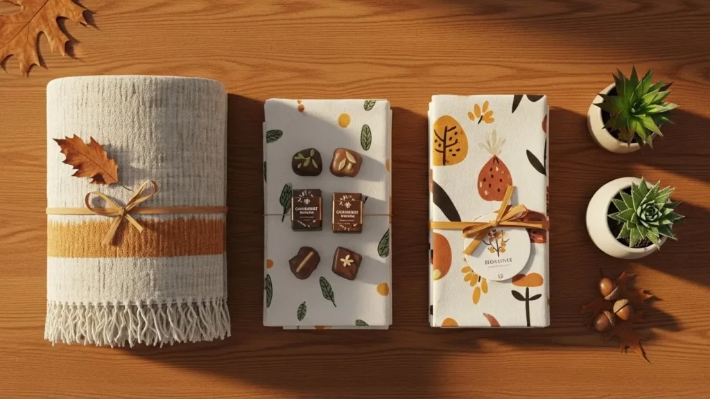 Flat lay of a soft throw blanket, kitchen towel set, gourmet treats, and a mini succulent arranged in a cozy fall theme.
