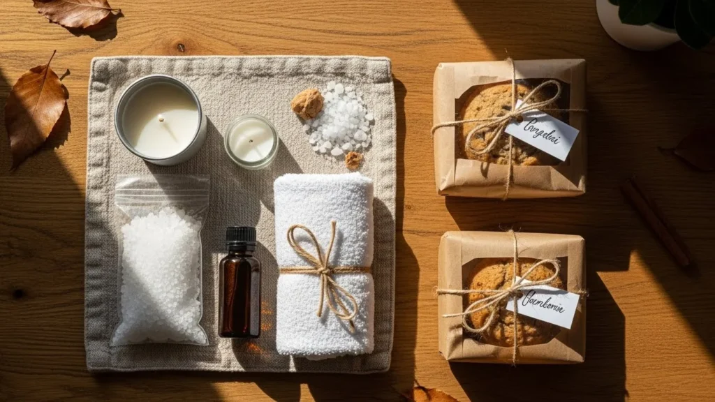 Flat lay of a simple self care kit and homemade baked goods packaged in a warm Thanksgiving theme.