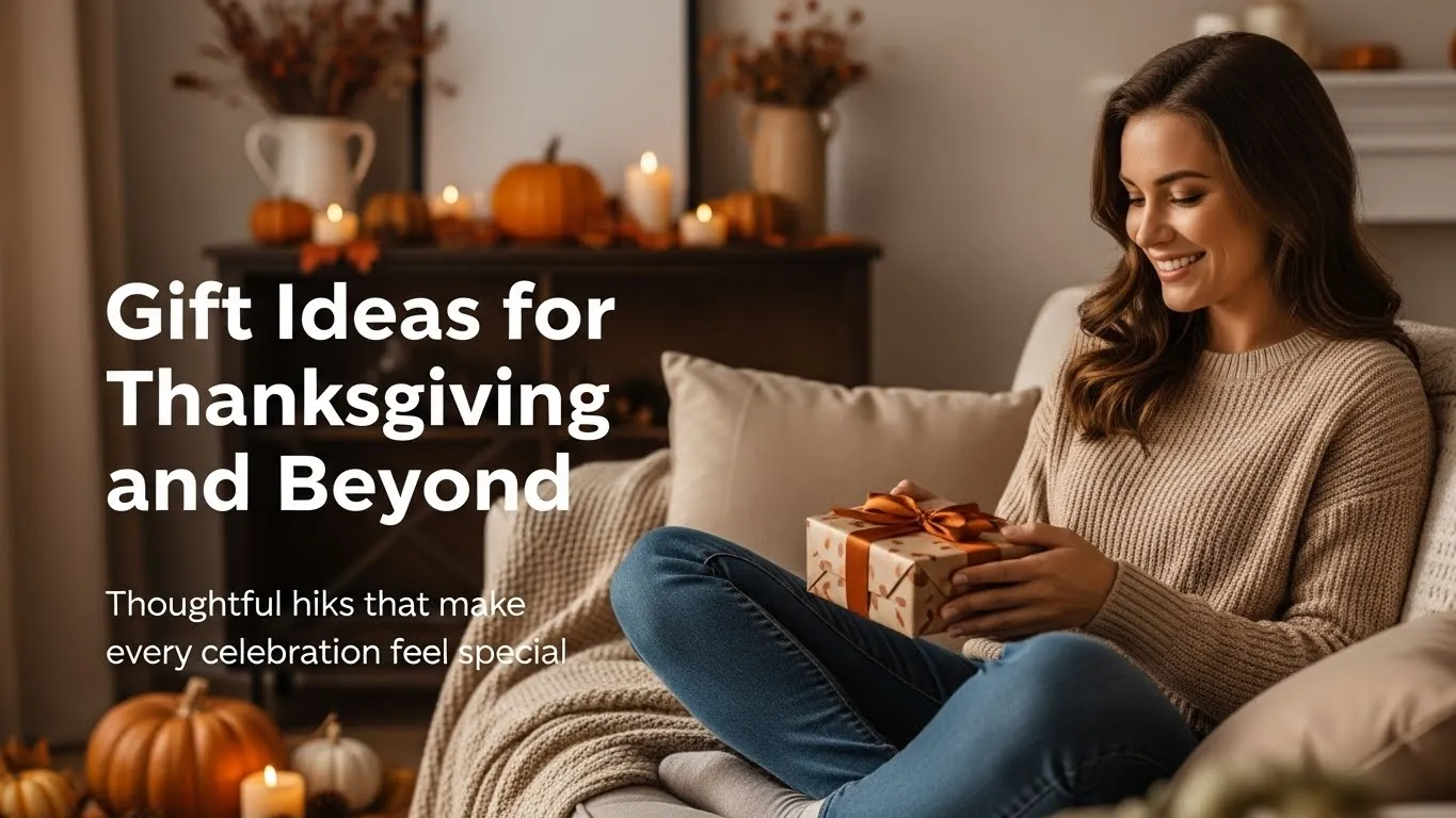 A woman holding a wrapped Thanksgiving gift in a cozy fall themed living room with the visible title text “Gift Ideas for Thanksgiving and Beyond” and the subtitle “Thoughtful picks that make every celebration feel special.”