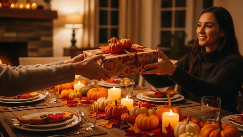 Person giving a fall-themed gift across a Thanksgiving table.
