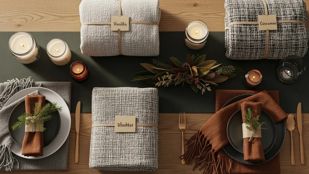 Flat lay showing cozy throw blankets, seasonal scented candles, and an earthy winter table runner.