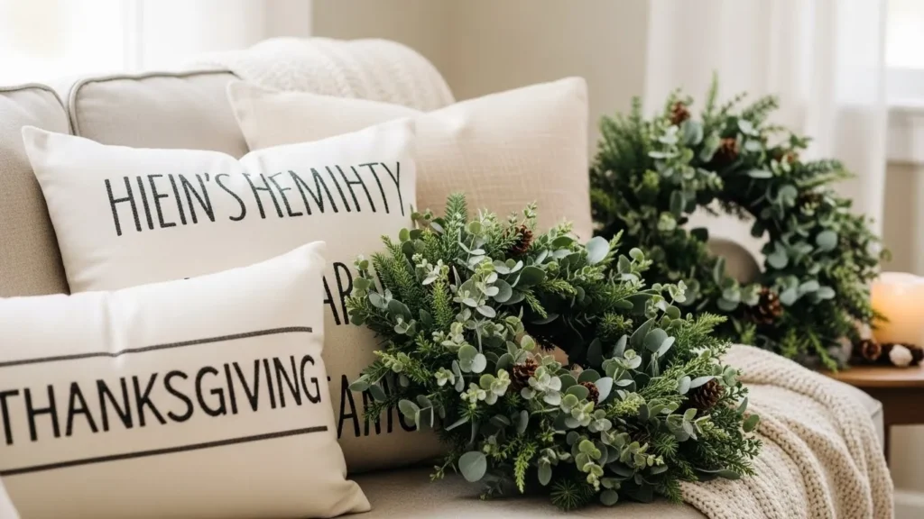 Decorative pillows with simple patterns alongside a small holiday wreath suitable for Thanksgiving and Christmas.