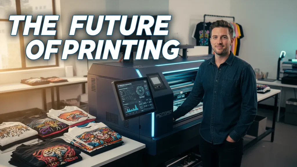 A print technician working next to AI-driven printing equipment with analytics screens and title text “AI Print Revolution.”