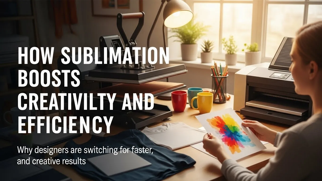 A designer in a bright studio holding a sublimation print with large title text about boosting creativity and efficiency.