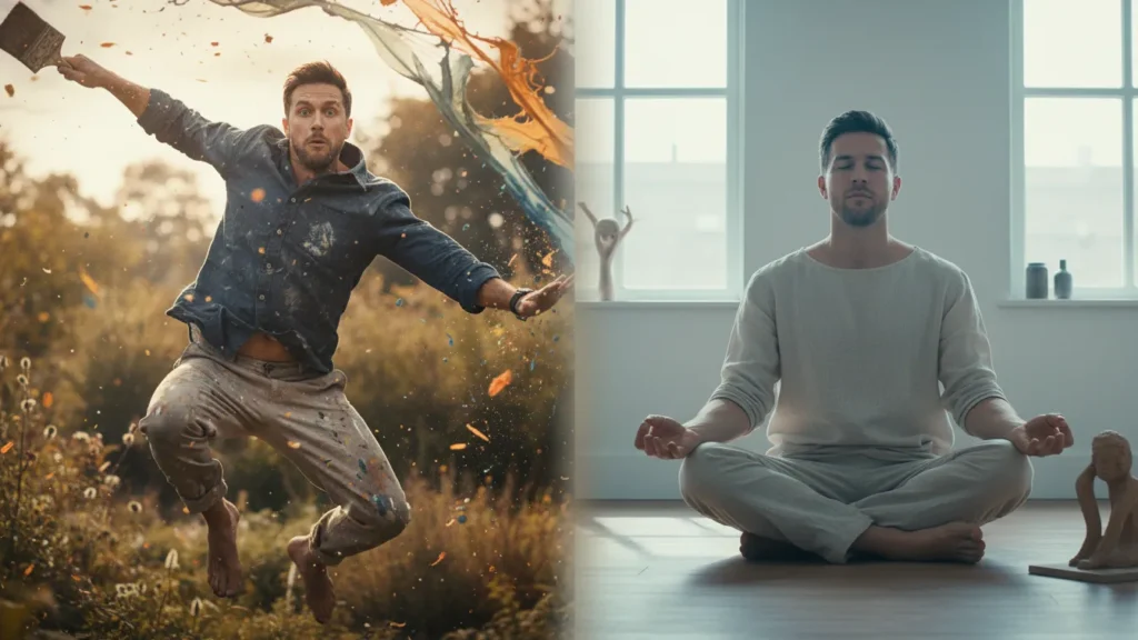 A split scene showing one person releasing emotion through art and physical activity, transitioning into calm focus, with warm natural lighting and a hopeful mood.