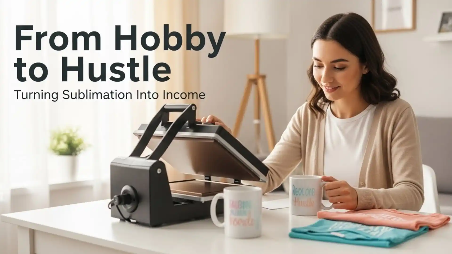 A woman working at a home sublimation setup with a heat press and custom mug, featuring the text “From Hobby to Hustle” and “Turning Sublimation Into Income.”