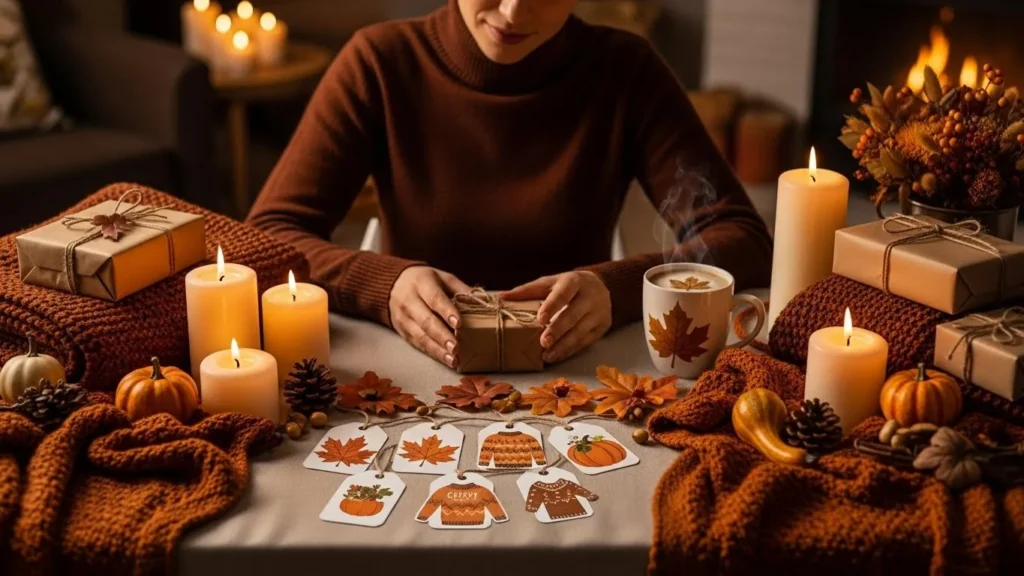 Person choosing thoughtful Thanksgiving gifts on a table.