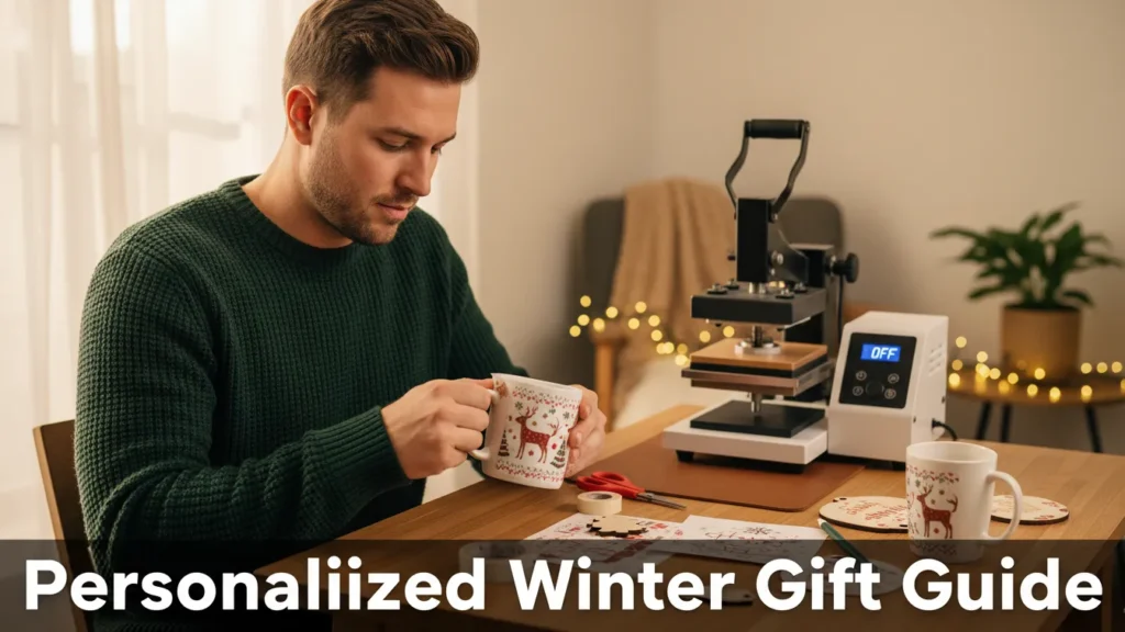 A warm, realistic scene of someone creating a personalized winter gift at a small table. Soft daylight, a heat press nearby, printed designs scattered, a blank mug or ornament being prepped.
