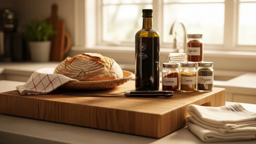 Hosting gift ideas displayed on a kitchen counter.
