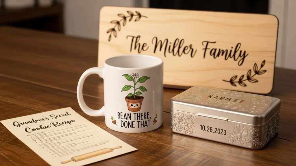Assortment of personalized Thanksgiving gift items.