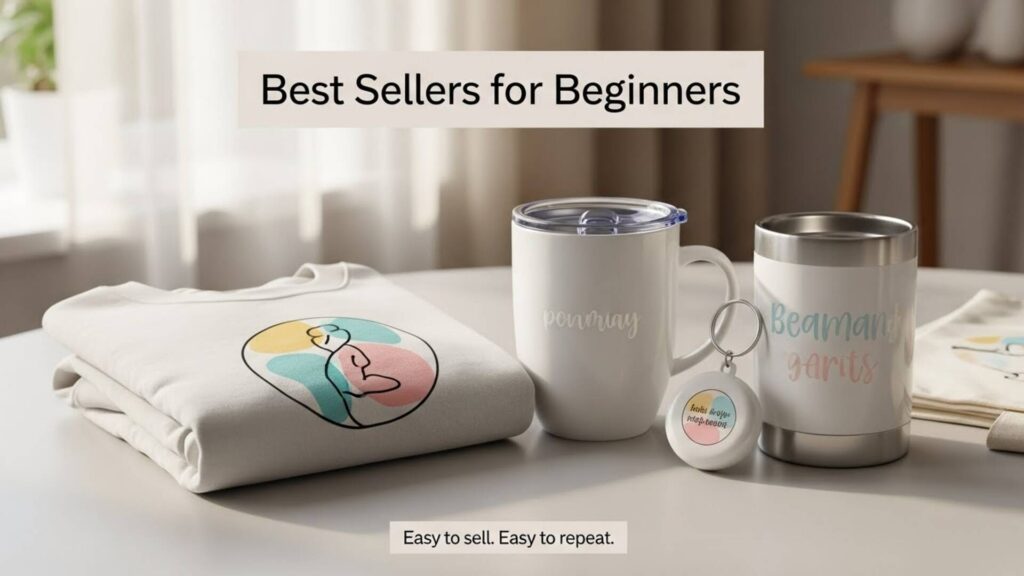 Three beginner-friendly sublimation products, a t-shirt, a mug or tumbler, and a small personalized gift, displayed together on a neutral table with the text “Best Sellers for Beginners.”