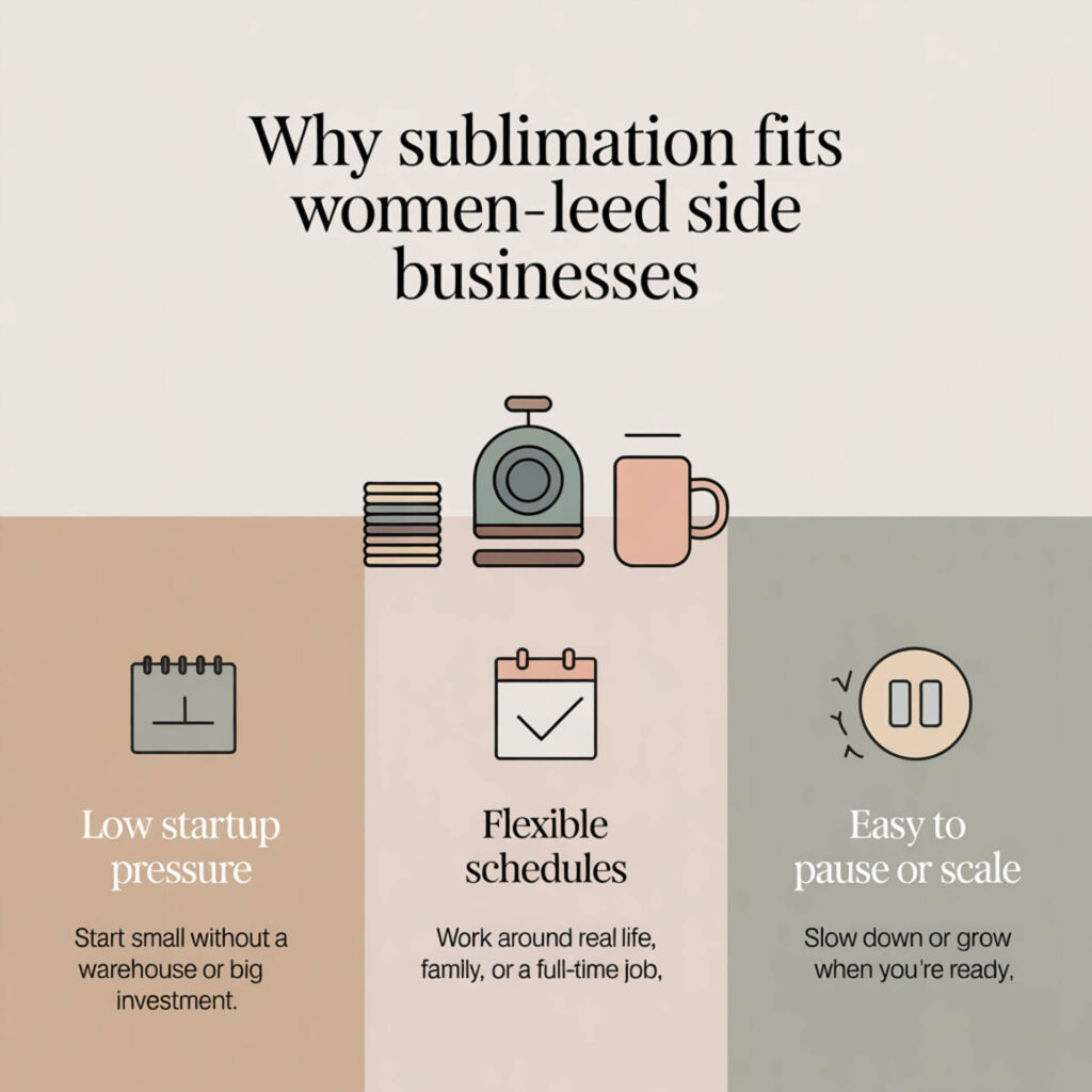Text and info-graphics of show how Sublimation Fits Women-Led Side Businesses So Well