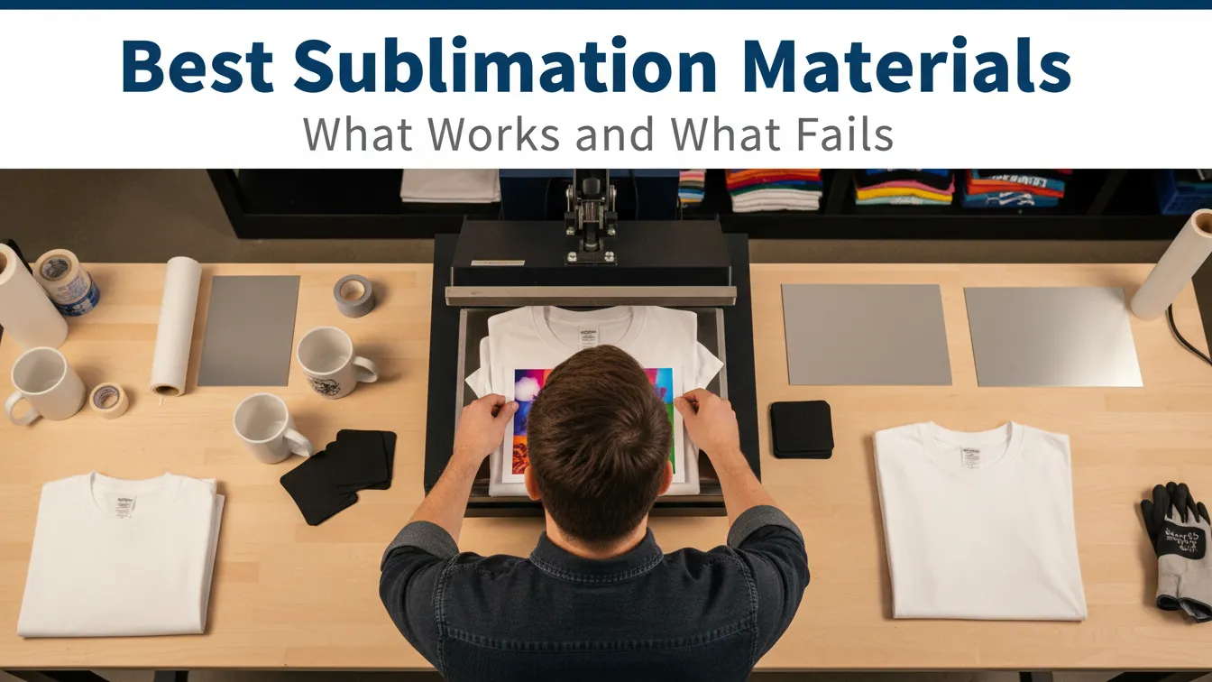 A person preparing sublimation materials on a worktable with mugs, shirts and metal panels, with the title Best Sublimation Materials displayed on the image.