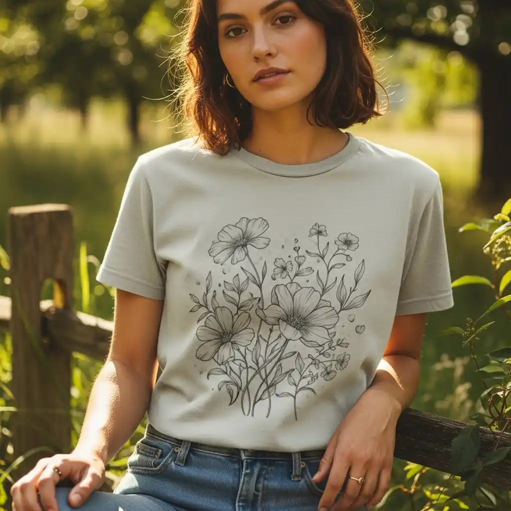 Young woman wearing a cottagecore sublimation t-shirt with a softly faded floral design and vintage-style muted colors.