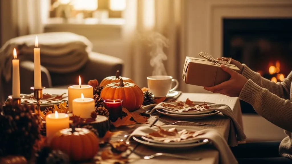 A warm Thanksgiving lifestyle scene with soft golden lighting, a table decorated with autumn leaves and candles, and a person handing a wrapped gift across the table. Cozy elements like a blanket, tea, and a fireplace appear softly in the background.