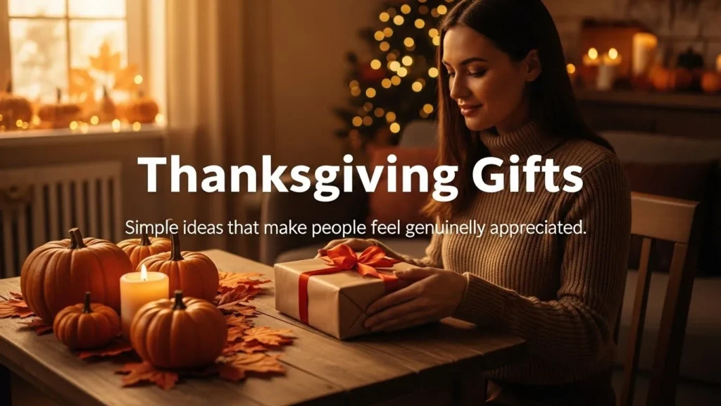 A woman places a Thanksgiving gift on a festive table with bold text reading “Thanksgiving Gifts” and a subtitle about simple ideas that make people feel appreciated.