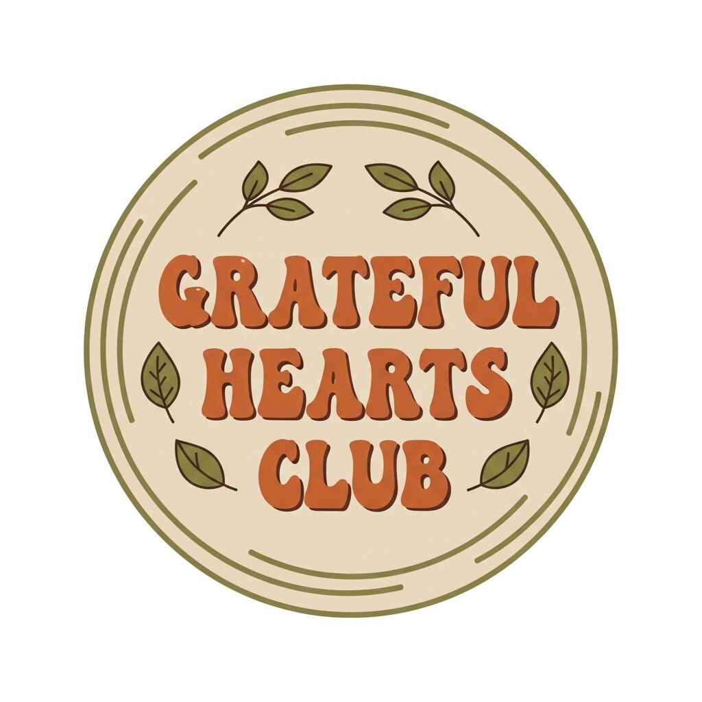 Flat retro-style circular badge design featuring the phrase “Grateful Hearts Club” in warm rust orange typography, surrounded by delicate leaf illustrations on a soft beige background.