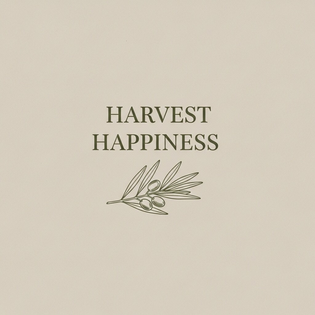 Minimal flat artwork with the text “Harvest Happiness” in muted olive typography, paired with a small olive branch illustration beneath.