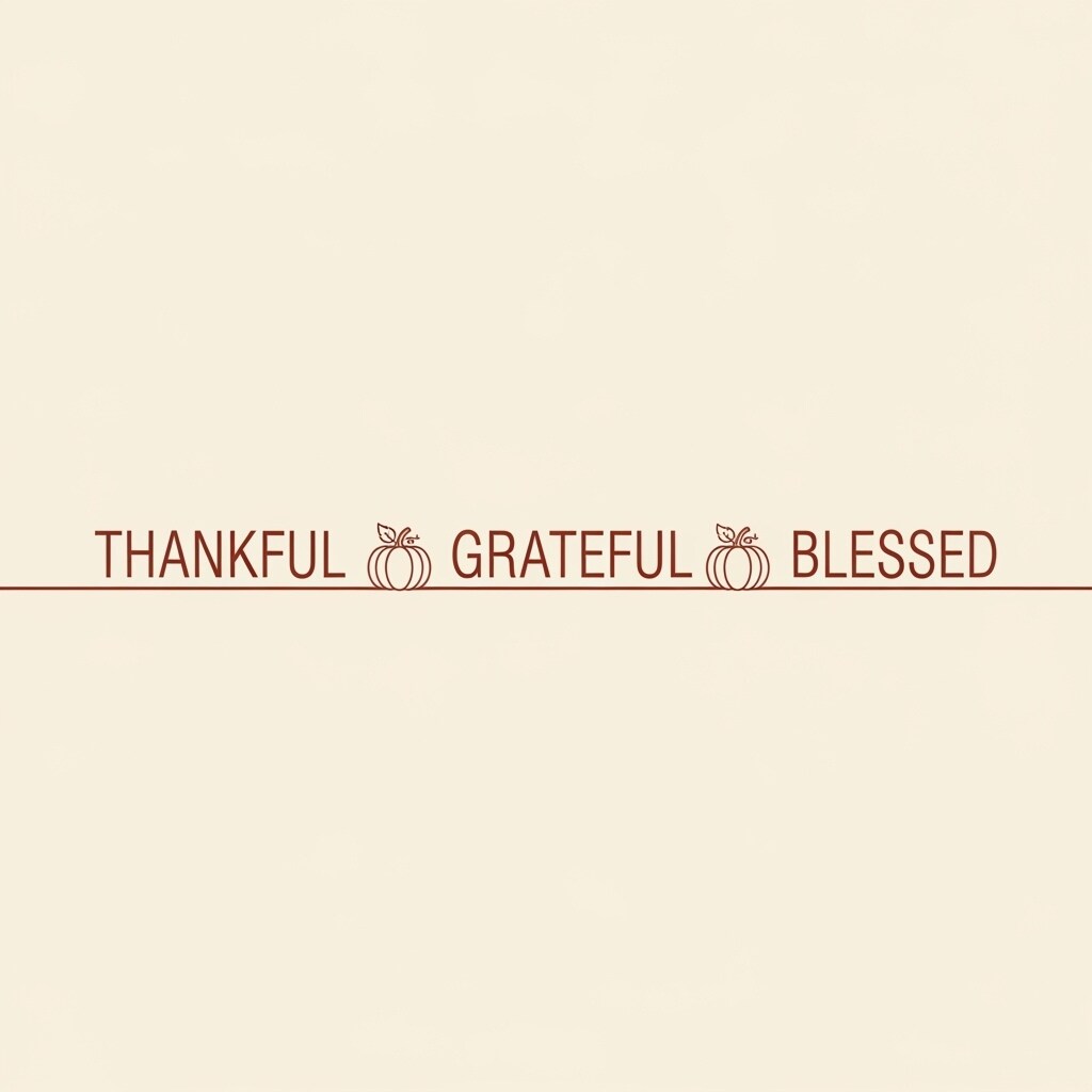 Minimal horizontal design reading “Thankful. Grateful. Blessed.” in a rust-orange retro font, separated by small pumpkin icons and accented with cream tones.