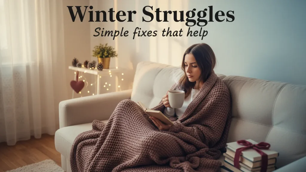 A woman relaxing with a warm drink and notebook in a cozy winter setting with soft seasonal décor.