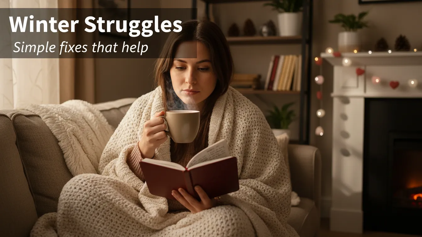 Woman sitting with a warm drink and notebook, winter décor around her, text overlay “Winter Struggles”.