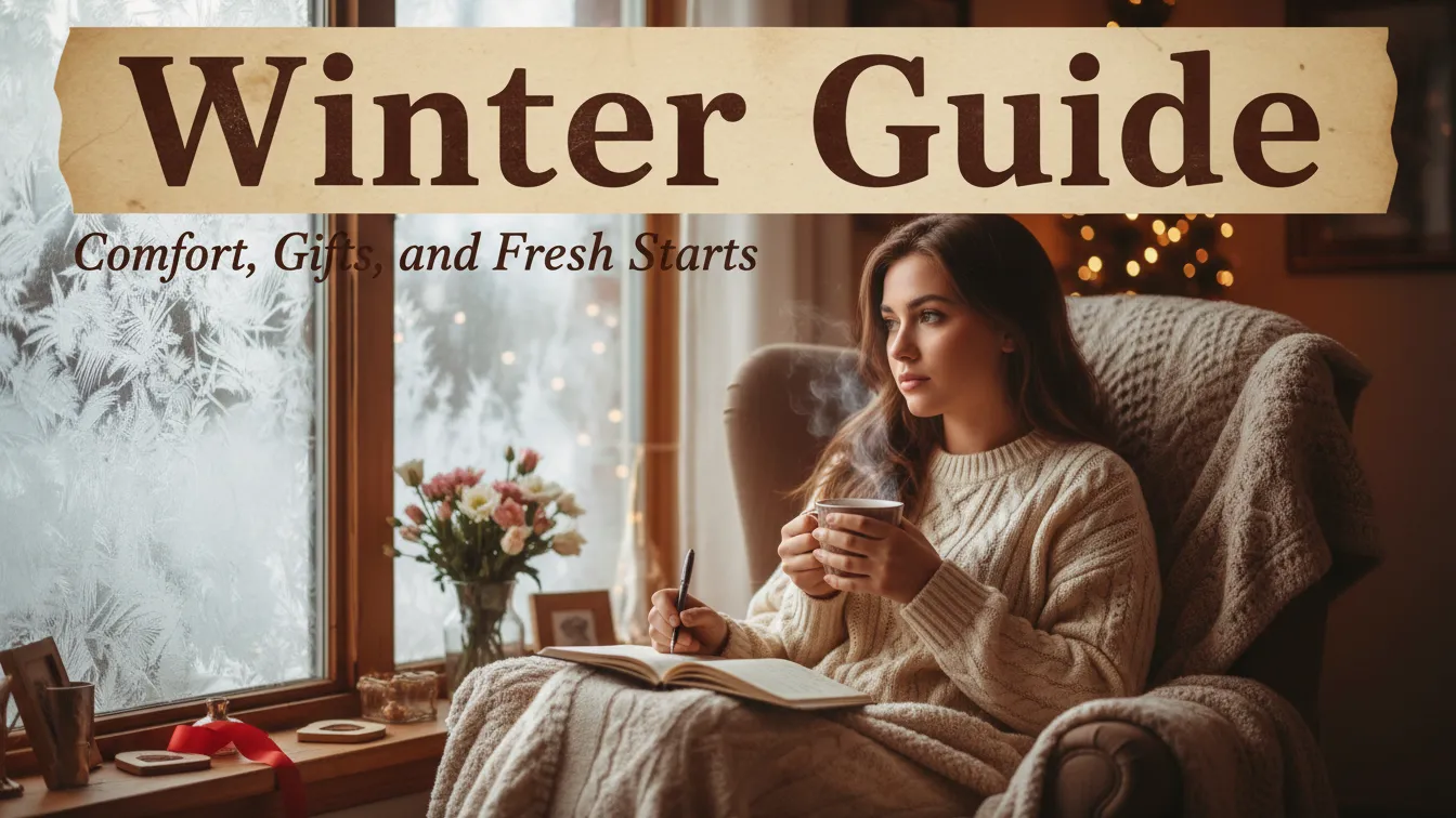 Woman sitting by a window with warm drink and winter décor, title text “Winter Guide”.