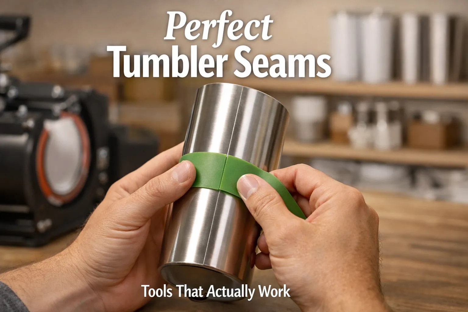 A crafter adjusting a silicone wrap on a stainless steel sublimation tumbler with a smooth, nearly invisible seam in a clean studio setting.