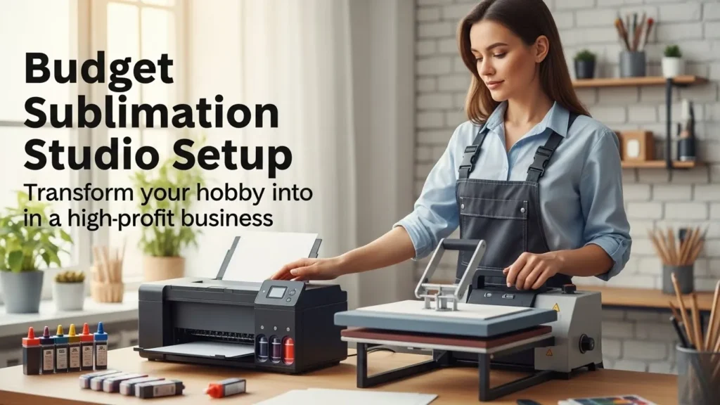 Woman in a home studio surrounded by a printer and heat press, holding a printed design, title text overlay.
