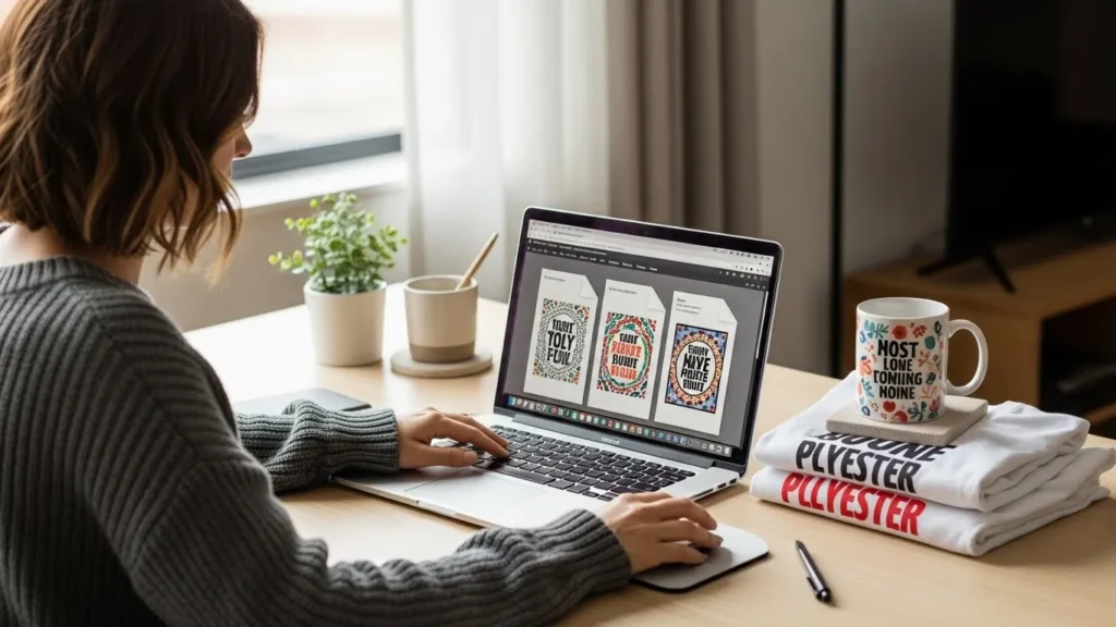 Woman creating digital sublimation designs on a laptop in a home office.