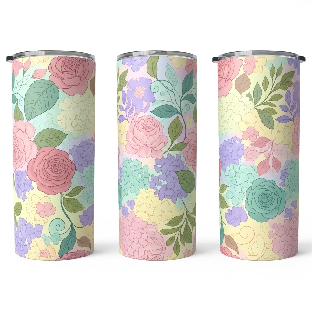 Organic florals naturally camouflage seam joins in full-wrap tumbler designs.