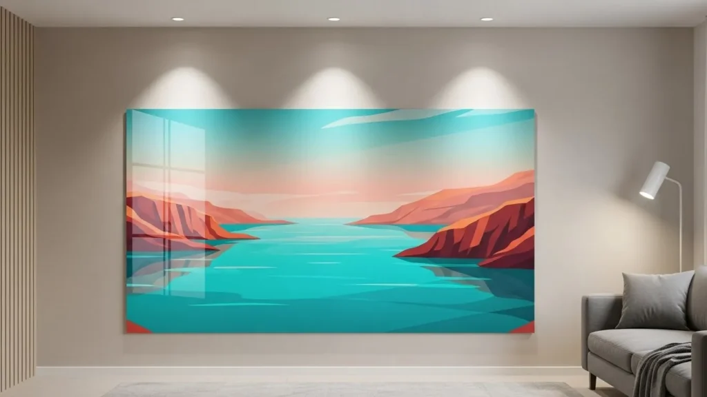 High‑resolution image of a modern living‑room wall with a glossy vinyl panel (Wall‑Inked™) displaying an abstract landscape design, softly illuminated by recessed ceiling lights.