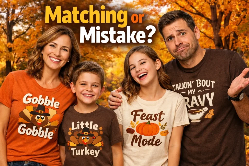 Family wearing coordinated matching Thanksgiving shirts in warm fall colors around a holiday table.