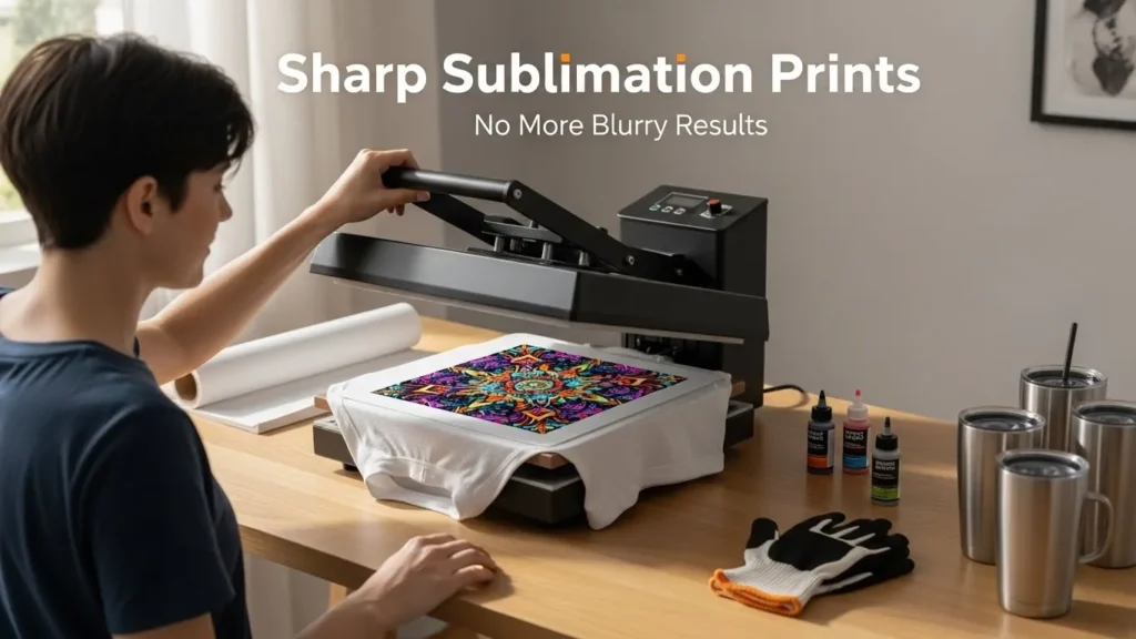 Person revealing a sharp sublimation print under a heat press with clear, crisp details.
