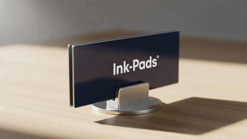 High‑resolution image of a navy metal tag with a white printed logo, mounted on a magnetic holder on a wooden tabletop, illuminated by soft diffused light.