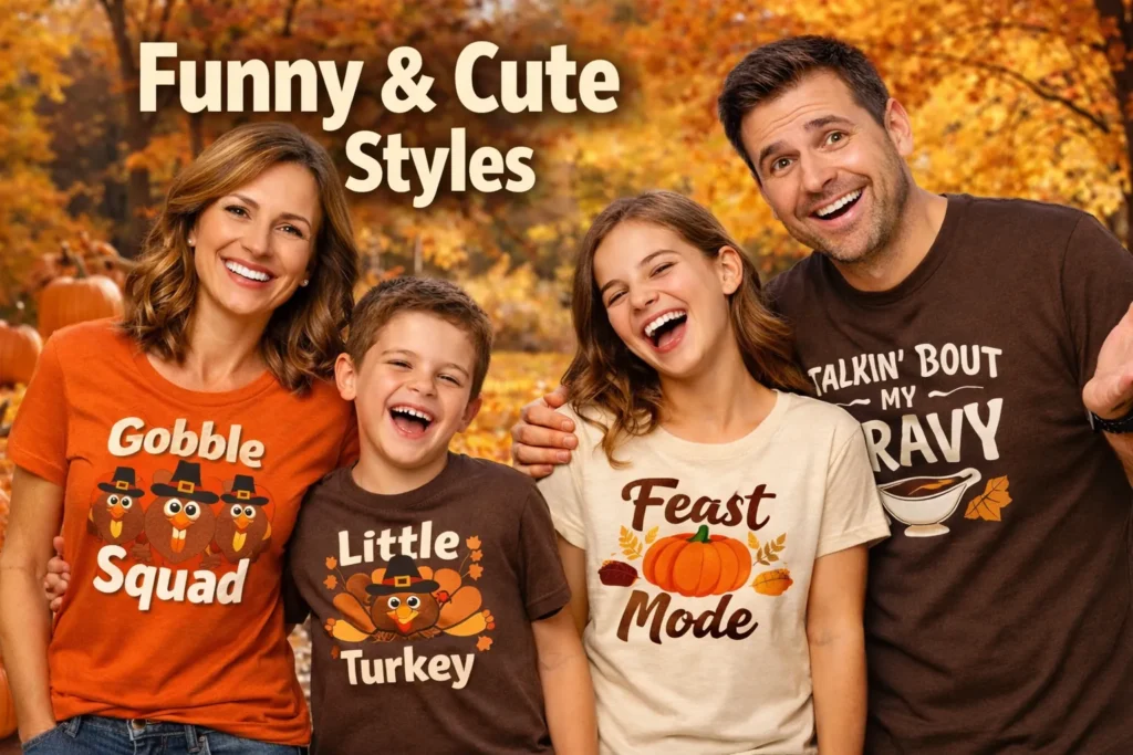 A smiling family of four wearing matching Thanksgiving shirts poses in a fall park surrounded by pumpkins and autumn leaves.