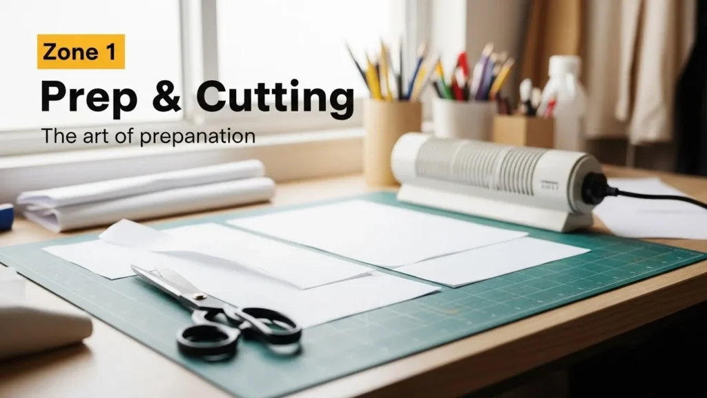 Prep & Cutting zone: a small table with a 355‑W heater, scissors, cutting mat, and cut fabrics under natural light.