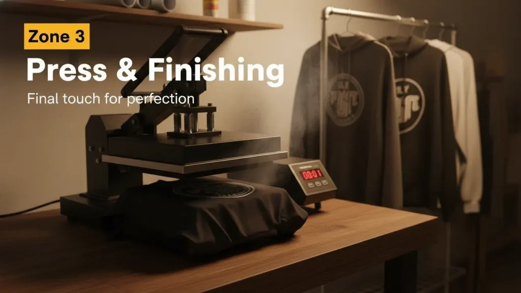 Press & Finishing zone: a 12‑inch heat press with garments drying on a rack, timer visible.