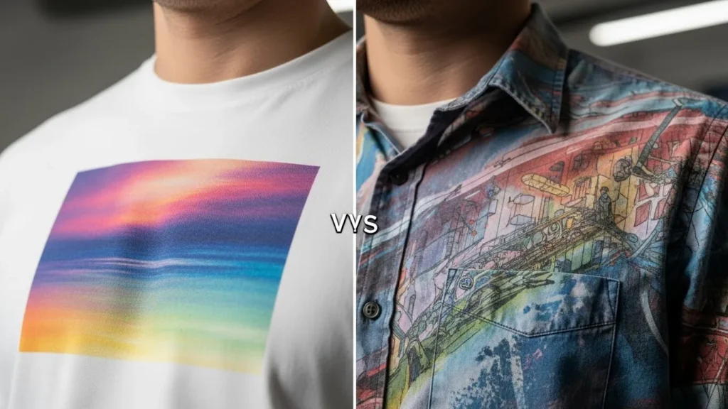 Side-by-side close-up of dye sublimation and digital printing on fabric, showing embedded ink versus surface-level print texture.