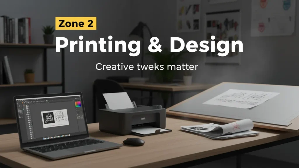 Printing & Design zone: laptop, design software, printer, and cooled printouts on a drafting table.