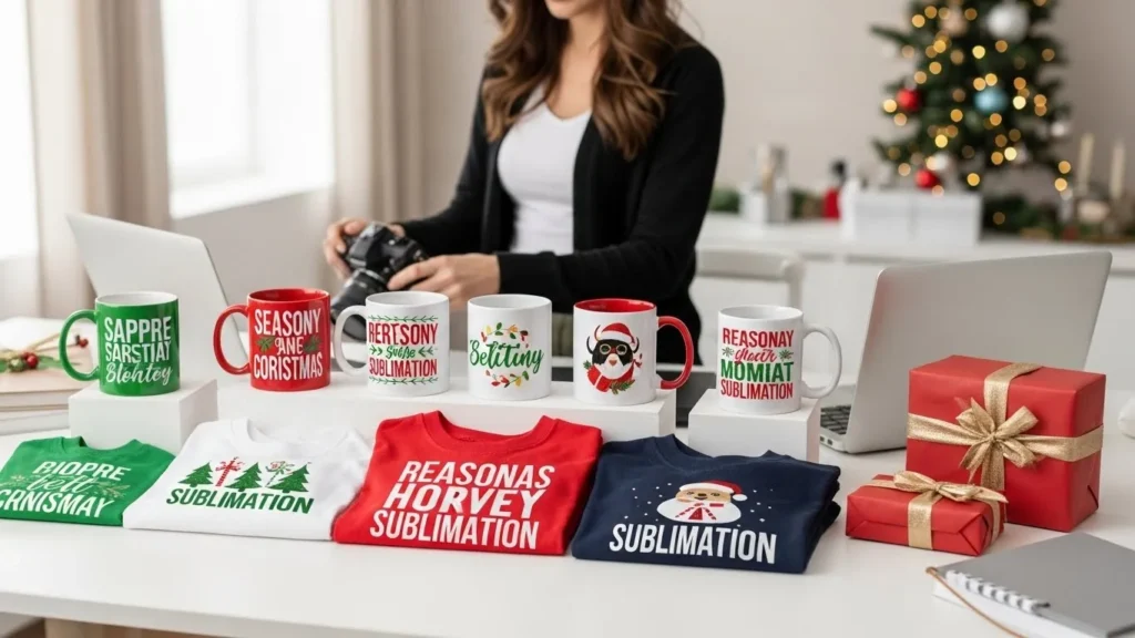 Seasonal sublimation products arranged for sale in a home-based business setup.