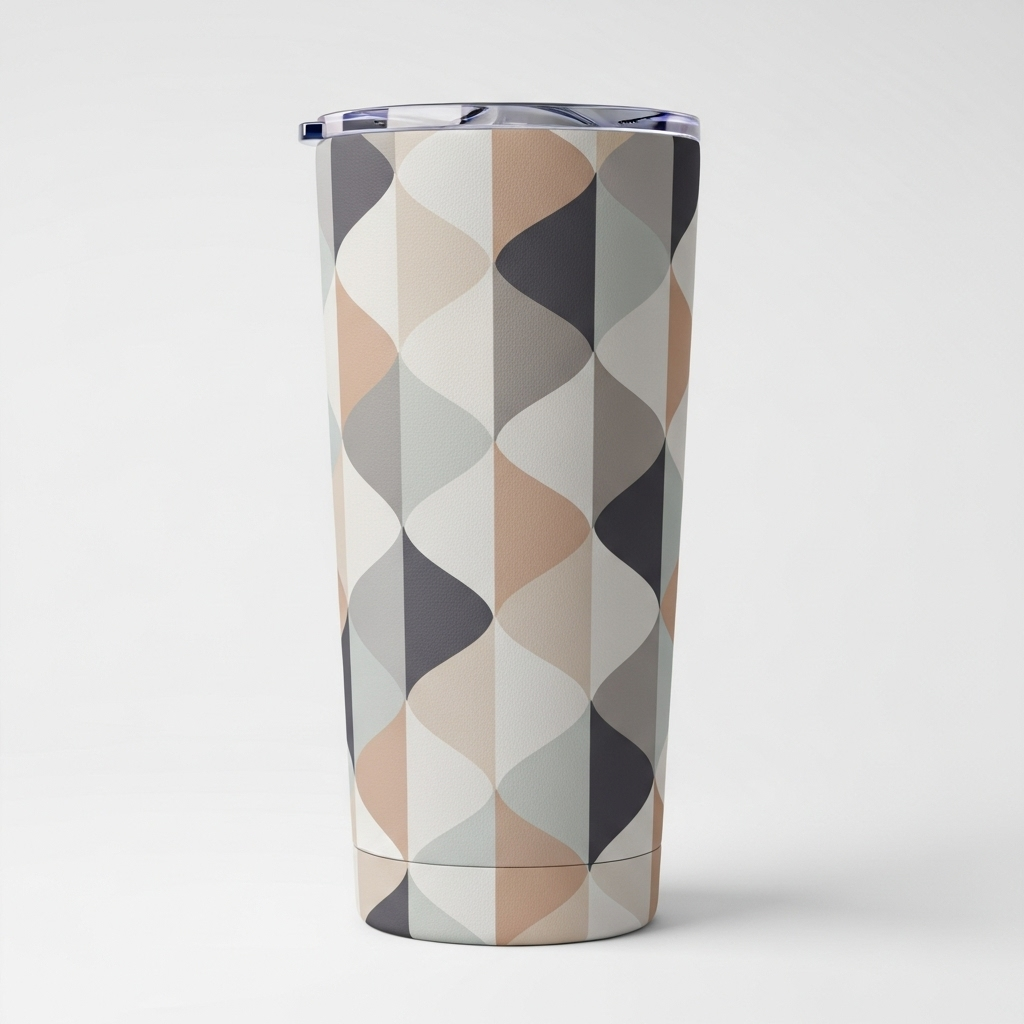A stainless steel sublimation tumbler wrapped in a minimal geometric pattern using soft neutral colors like beige, light gray, and muted charcoal.
